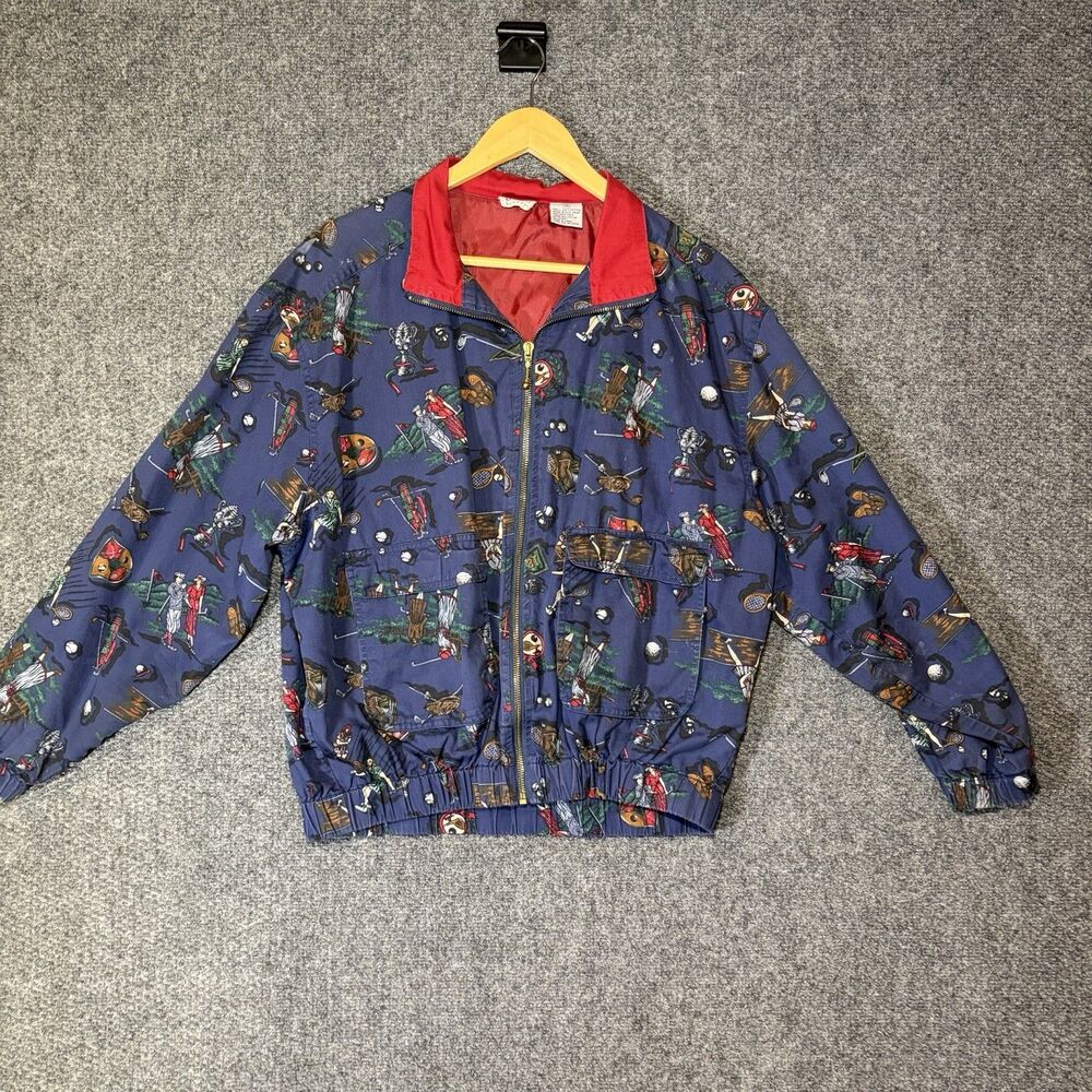 VTG 80s Novelty Print Golf Tennis Crewneck Zip Up Bomber Jacket Medium Line Up
